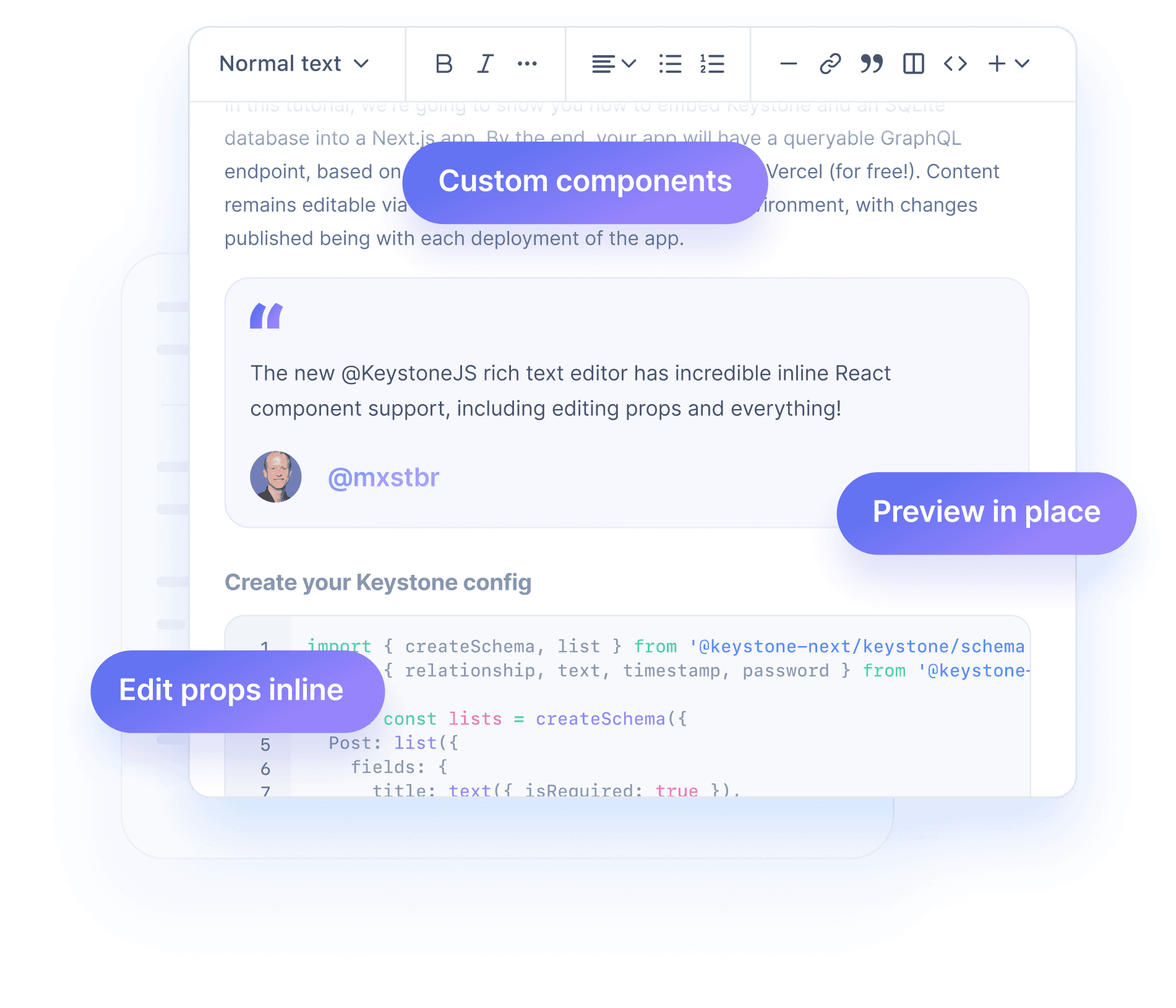 Keystone Document field containing Rich Text content including Twitter embed component, and syntax highlighted code block.